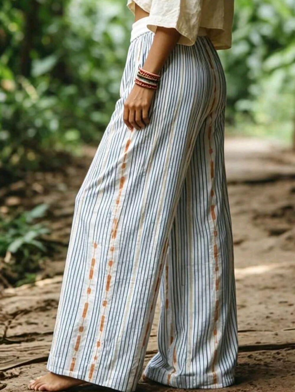 Cotton Women Casual Boho Holiday Printed Striped Long Pants Holiday Vacation - Picture 2 of 4